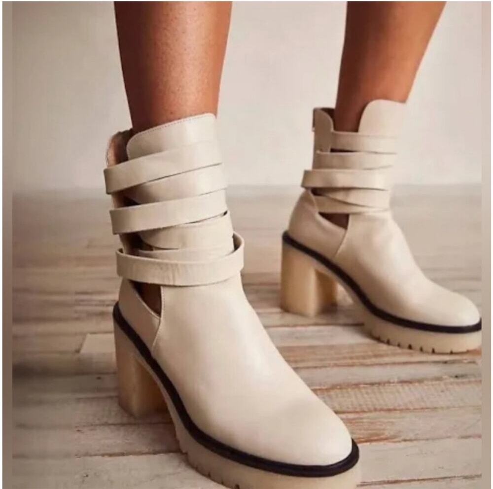 FREE PEOPLE Jesse Boots Leather Size 41(US 10) Heeled Cutout Strappy Lug Sole